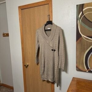 Calvin Klein XL Tan Cable-Knit Long Sleeve Knee-Length Mockneck Sweater Dress